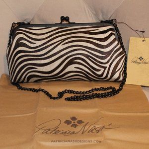 Patricia Nash Potenaz black & white zebra hair & black leather chain bag NWT
